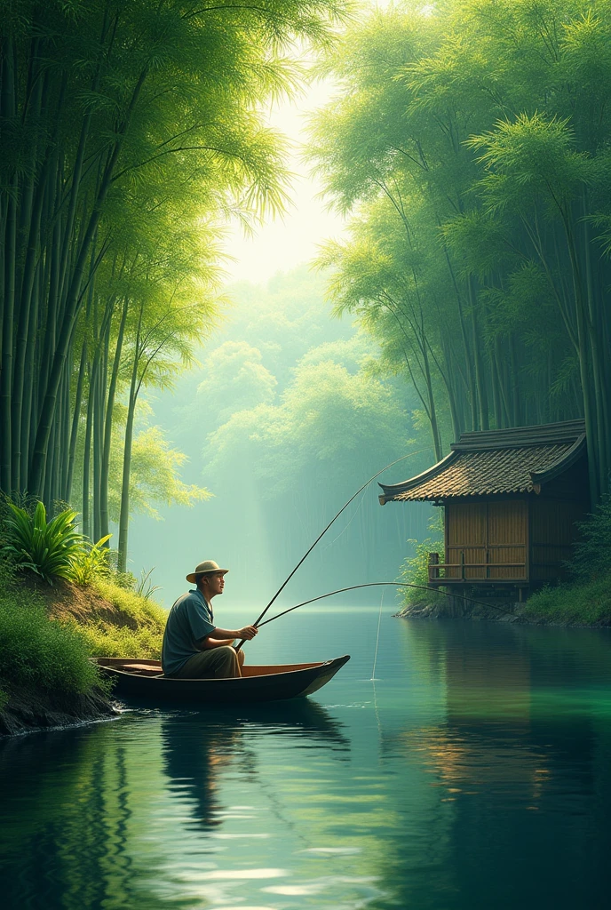 a lush bamboo forest, a tranquil stream running through, a rustic bamboo hut, a fisherman in a small boat, (best quality,4k,8k,highres,masterpiece:1.2),ultra-detailed,(realistic,photorealistic,photo-realistic:1.37),vibrant colors,natural lighting,serene atmosphere,stunning landscape,detailed foliage,reflections in water,traditional asian architecture,weathered bamboo textures,skilled fisherman pose