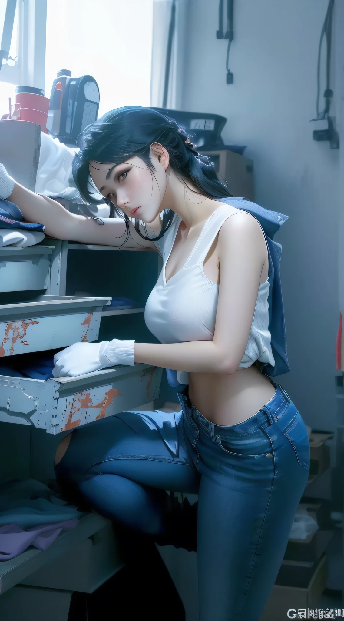 Leggy woman in white top and blue jeans putting things into drawer, (SFW) Work, Touch her clothes, Work clothes, Work clothes, Popular on cgstation, Girl holding warship parts, Popular on cgstation content, Smooth white tights set, lu ji, V-neck dress, Home, Sakimichan,  Girls