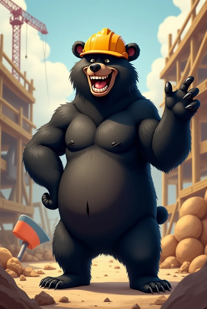 A happy black adult bear showing teeth and raising paw with attitude, as construction contractor , with name “Kalu Thekedaar”