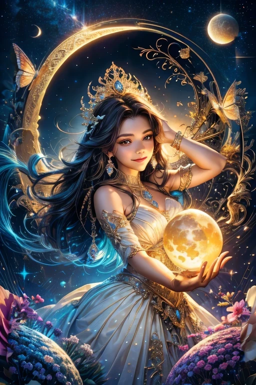 A light orb with magician circle around the orb, hand, many shining butterfly, beautiful smile, sparkle sky, shining, gust of wind, light bright flowers, sun and moon, dark light of fantastic and cosmological with universal. Amazing view very bright and warm starry. Detail, HD, Enchanted. Multiple colours. Beautiful perfect face and anatomy. Amazing bright dress. Very epic and bright, best pose. A goddess. Golden shining accessories. Cute. Sky half bright, half starry dark