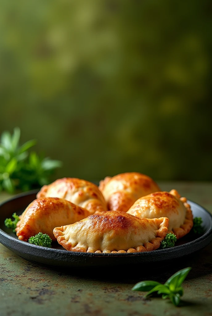 Advertising flyer for meat and chicken empanadas on a black plate with a moss green background 