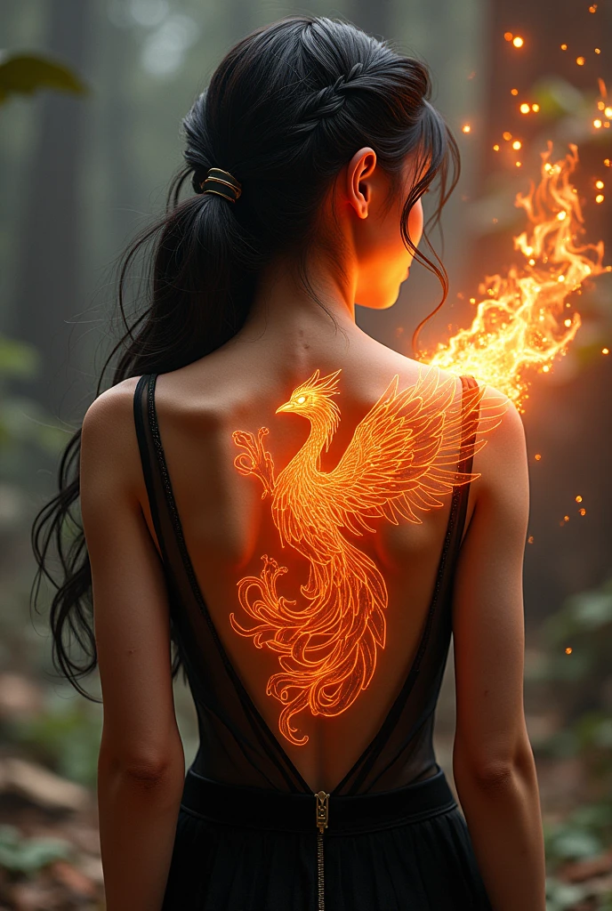 ((watercolor art: 1.5)), fantasy art, goth art, of a tattoo on the back of a female elf, a glowing tattoo of a ((phoenix: 1.3)) on the elf's back, the ((phoenix tattoo)) is vivid, intricate detailed coming to life from the ink to real life, ((fire surrounds the phoenix: 1.5)), shoot taken from the back, ((the back is visible: 1.3), a most beautiful elf, exquisite beauty, small pointed ears, long hair, she wears a transparent black dress, the dress is elegant, flowing, elven style, that the tattoos glow, dynamic hair color, dynamic hair style, cinematic light, High Detail, Ultra High Quality, High Resolution, 16K Resolution, Ultra HD Pictures, 3D rendering Ultra Realistic, Clear Details, Realistic Detail, Ultra High Definition,Comistyle, FireWorld