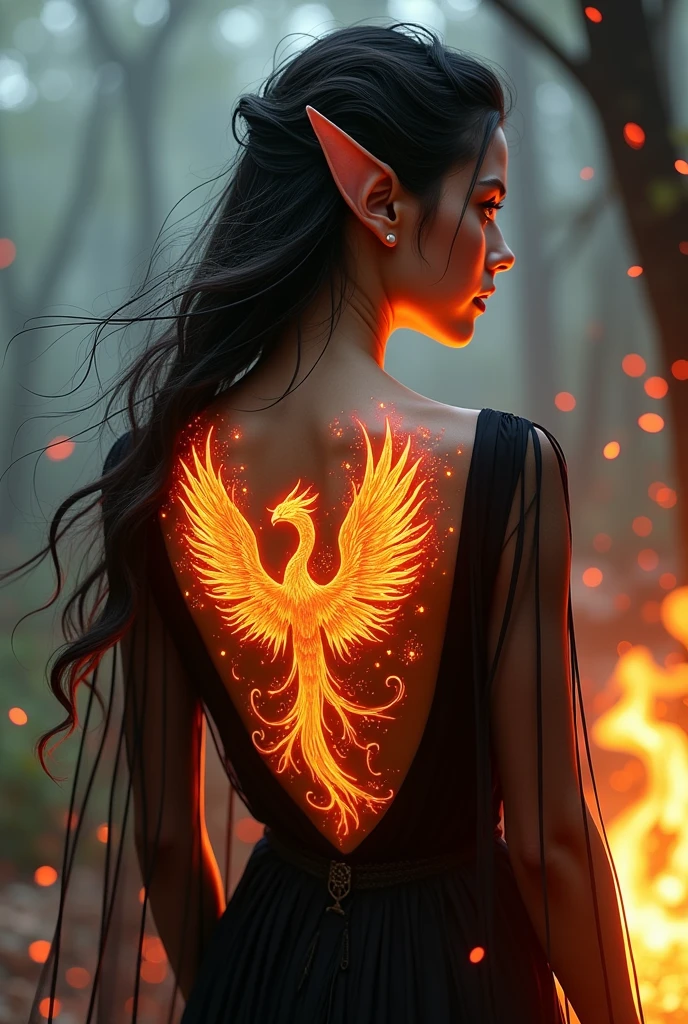 ((watercolor art: 1.5)), fantasy art, goth art, of a tattoo on the back of a female elf, a glowing tattoo of a ((phoenix: 1.3)) on the elf's back, the ((phoenix tattoo)) is vivid, intricate detailed coming to life from the ink to real life, ((fire surrounds the phoenix: 1.5)), shoot taken from the back, ((the back is visible: 1.3), a most beautiful elf, exquisite beauty, small pointed ears, long hair,  she wears a transparent black dress, the dress is elegant, flowing, elven style, that the tattoos glow, dynamic hair color, dynamic hair style, cinematic light, High Detail, Ultra High Quality, High Resolution, 16K Resolution, Ultra HD Pictures, 3D rendering Ultra Realistic, Clear Details, Realistic Detail, Ultra High Definition,Comistyle, FireWorld