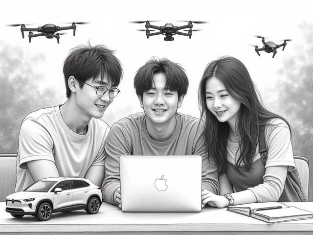 korea, 1 male student, 2 female students, MacBook, self-driving car, Drones, experiment, happy expression, Natural and Difficult Classroom Background, pencil sketch