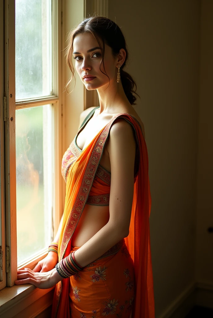 Anna hathaway with pale skin, white skin, sun light throw window, holding window, wearing saree, low quality picture, poor quality, bad qulaity, no lose hair, pinned hair, showing hips and navel