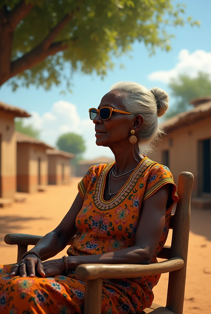 Créer moi l'image d'un veille dame africaine assis sur une chaise au village et portant une paire de lunette.je veux la photo en mode paysage