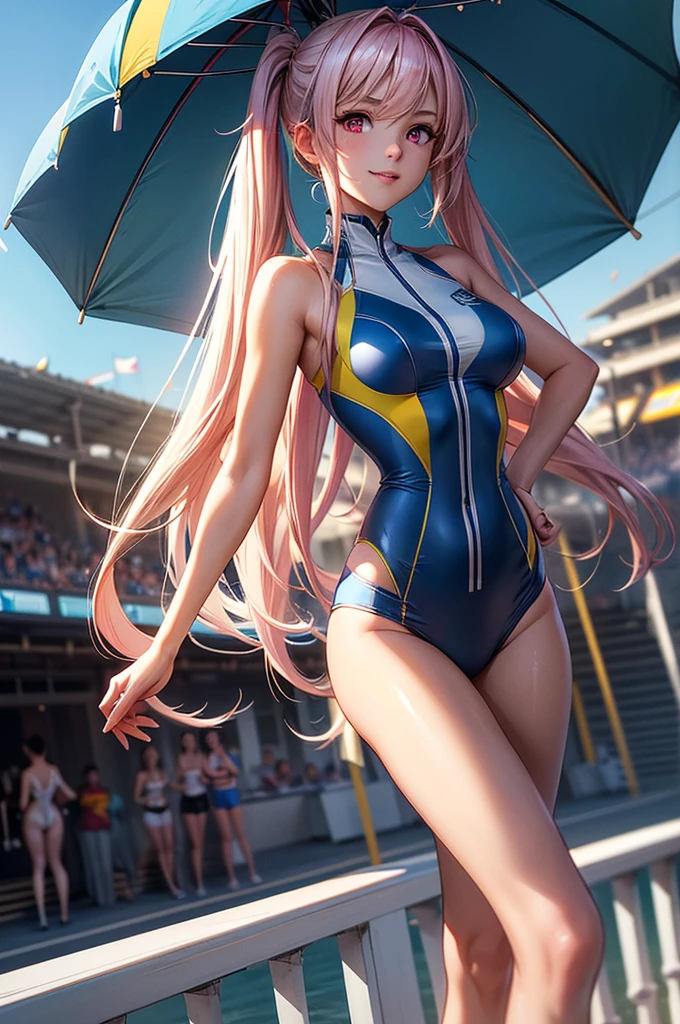 ((best quality, ultra-detailed, high resolution, extremely detailed CG, super detailed, direct light, Most beautiful clean lighting)), 1 girl, beautiful girl, cute girl and idol face, young face, smile, Beautiful long pink hair, twintails, Beautiful shining red eyes, white skin, slender, Short body, Race queens, car racetrack, racing cars, blue and yellow swimsuit-like racing suits, parasols,