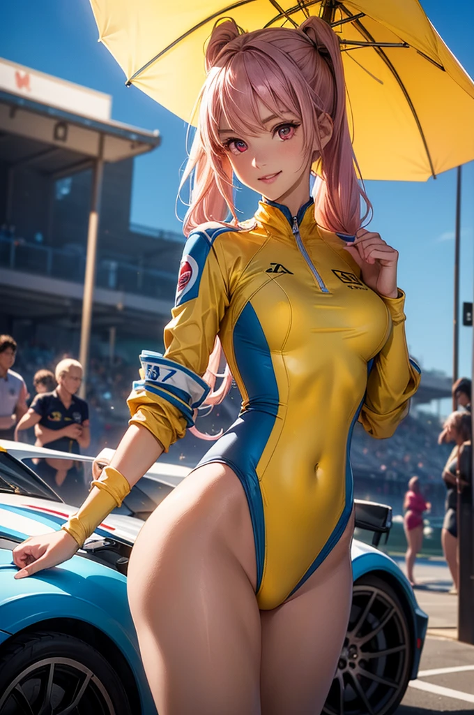 ((best quality, ultra-detailed, high resolution, extremely detailed CG, super detailed, direct light, Most beautiful clean lighting)), 1 girl, beautiful girl, cute girl and idol face, young face, smile, Beautiful long pink hair, twintails, Beautiful shining red eyes, white skin, slender, Short body, Race queens, car racetrack, racing cars, blue and yellow swimsuit-like racing suits, parasols,