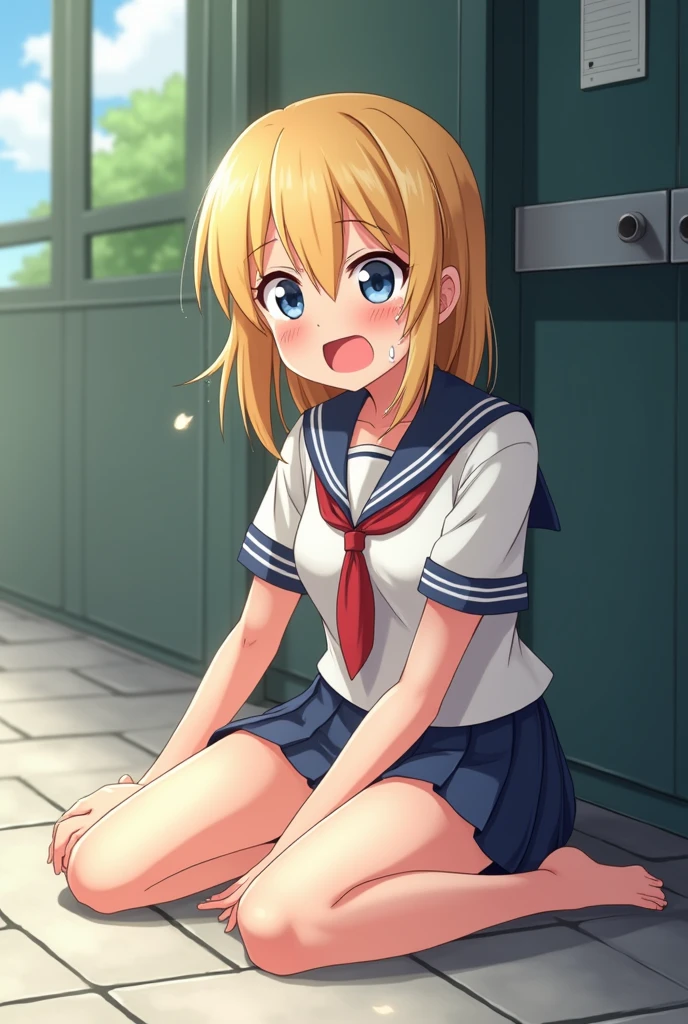 blonde girl, school uniform, school blouse, short school skirt, panicked, sat on floor, sat on floor, skirt flying up accidentally showing cute pink panties, skirt flying up accidentally showing cute pink panties, desperate to pee, desperate to pee, crying outside school toilet, desperate to pee