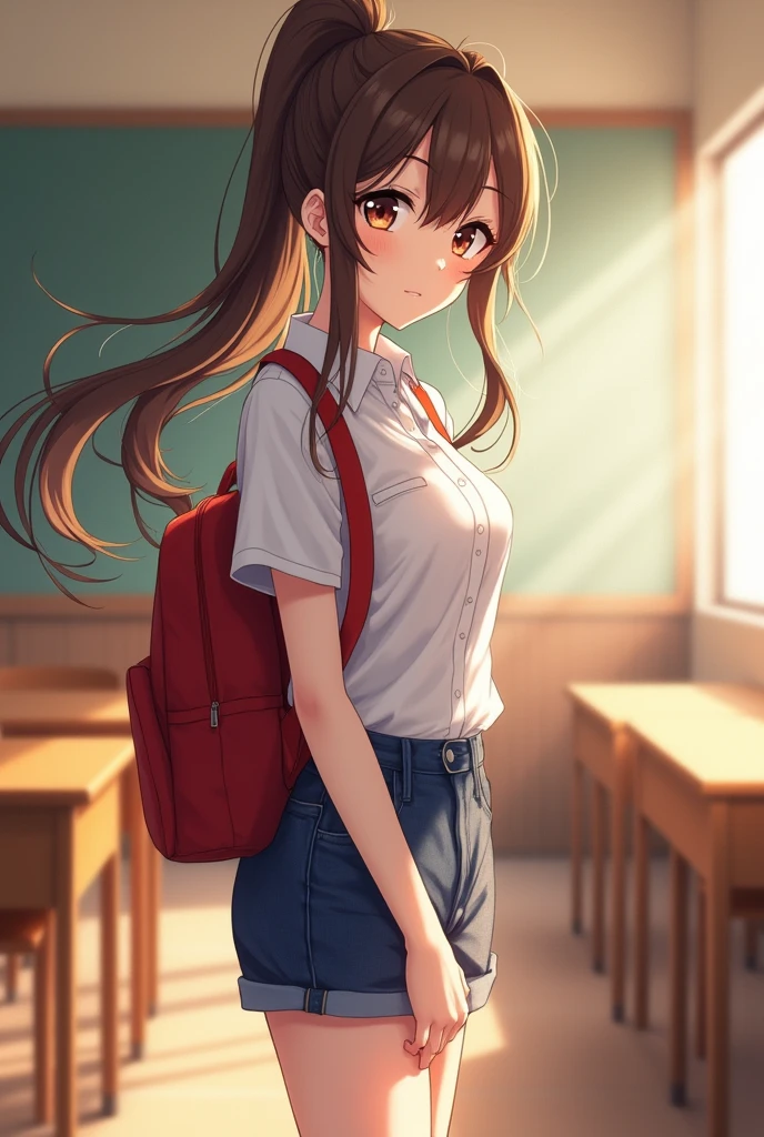 ((best quality)), ((masterpiece)), (detailed), {{loli}},{{{{192cm}}}},{{{{{tall girl}}}}},{{{{{Leg length is 80% of height}}}}}, anime girl, cute girl, school uniform,white snicker,
official style,close mouth,game cg, bare arms, long hair,brown eyes,brown hair,ponytail,medium breasts, navel,backpack,red randoseru,classroom,denim shorts,upper body,finger to mouth,best quality, amazing quality, very aesthetic, absurdres,dynamic pose,wind,Dutch angle,light on face,watercolor,{{{real CG photography texture}}},oily skin,real body,realistic skin texture,detailed background,depth of field,[[laughing eyes],[[Dutch angle]],looking at viewer,jitome,[[upper body]],winter,lens flare,steam,bokeh, best quality, amazing quality, very aesthetic, absurdres, best quality, amazing quality, very aesthetic, absurdres, best quality, amazing quality, very aesthetic, absurdres