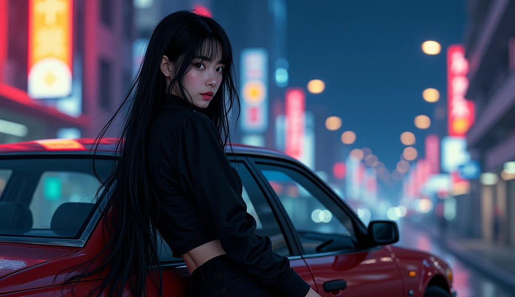 car、carに寄りかかって立つ黒色の髪を持つ美しいアジアの, The view of the city is like a night view., Perfect Face, Cool black outfit, neon, Hard Shadows, masterpiece, Highest quality, Complex, Landscape photography style, Vintage, Film Grain, Incomplete details，City Pop，Retro Pop，1980s anime illustration style