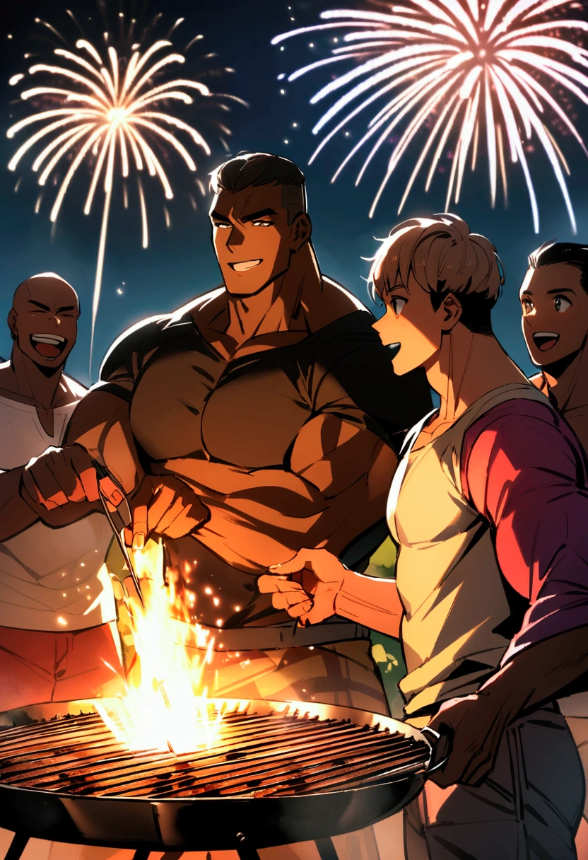 Highest quality、Four muscular men with short hair are having a barbecue in the garden、firework、Brown Skin、A fun atmosphere
