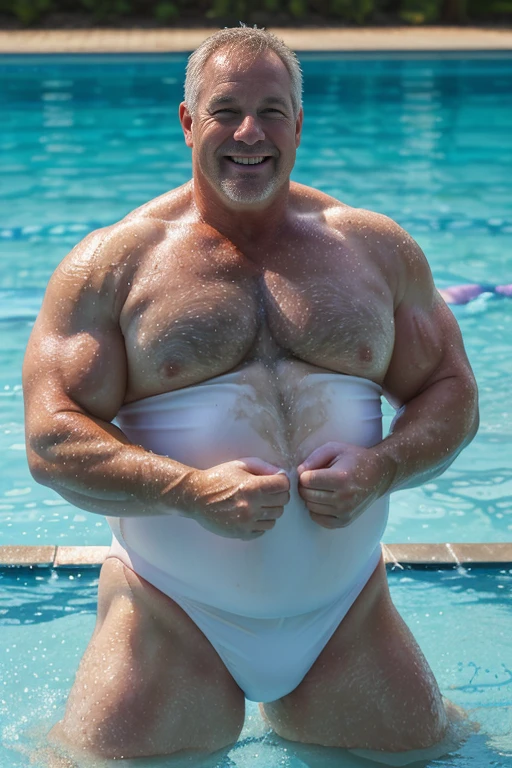 (a 50-year-old white man, chubby muscular, stud, muscular chubby, swimming suit, kind, fat, mature daddy, big belly, thick arms, dilf, dad, smile, masculine),(oil painting),(detailed background of a water pool ),(best quality, highres:1.2),(realistic),(portrait),(warm color tones),(soft atmospheric lighting)