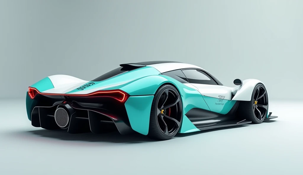 Shoot the car from, on at eye level, get 3 side views, and capture shots at 45-degree angle views of each corner of the car concept full body 150 degree to the camera view, hyper car classy model detailed symmetry, color aqua blue and white, on the car there is written word: FUTURA black font, future technology inspired by formula 1 electric and fighter jet f 22, hyper realistic, pose half body to camera 35 mm 8k uhd with tunnig wide base wheels and one huge turbine in the rare center, metal silver mesh shot microscopic photography