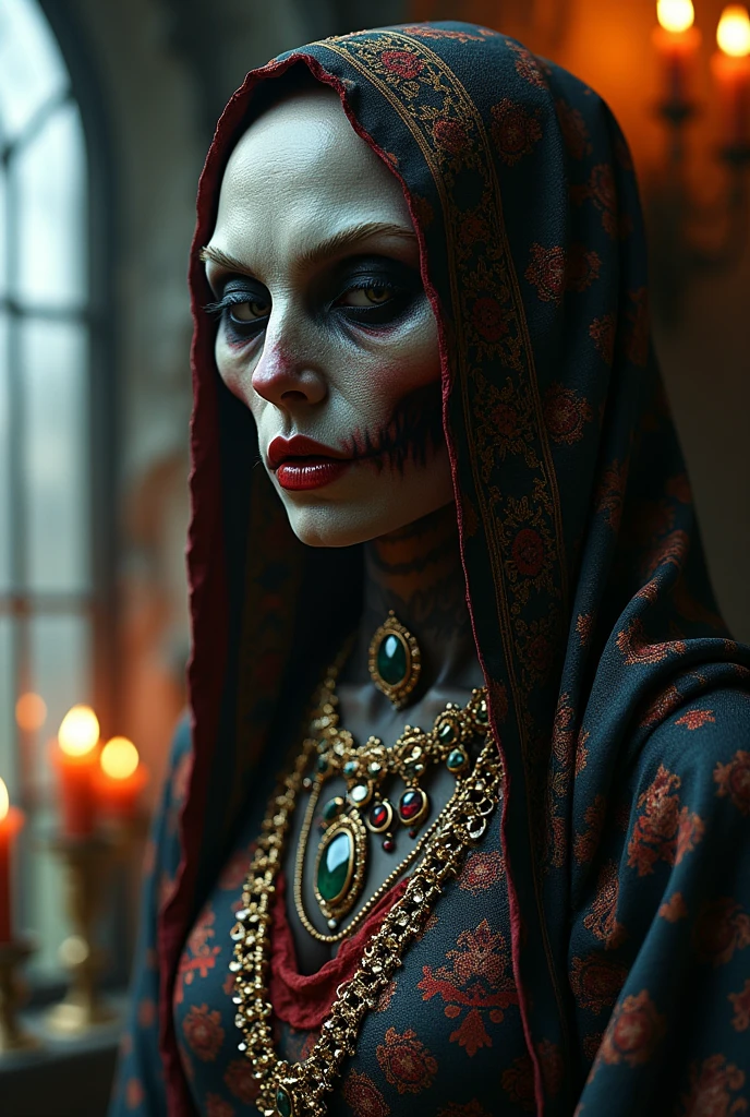 portrait evil creature in ornate silk head scarf clothing. Wearing many jeweled necklaces ,highly detailed::3 ,the lonely void of avoidant personality disorder, surreal, eerie, anti human, haunting, evocative, hyper detailed digital illustration by Hieronymus Bosch,insane detail,johfar bosschart, remedies varo, perfect exact rendering with precision, jewel tones palate , de castillo gótico, ambientación pelicula ,la bella y la Bestia, Iluminacion con velas, ventanal gótico con iluminacion a contraluz. muy ornamentado, estilo gótico tardío