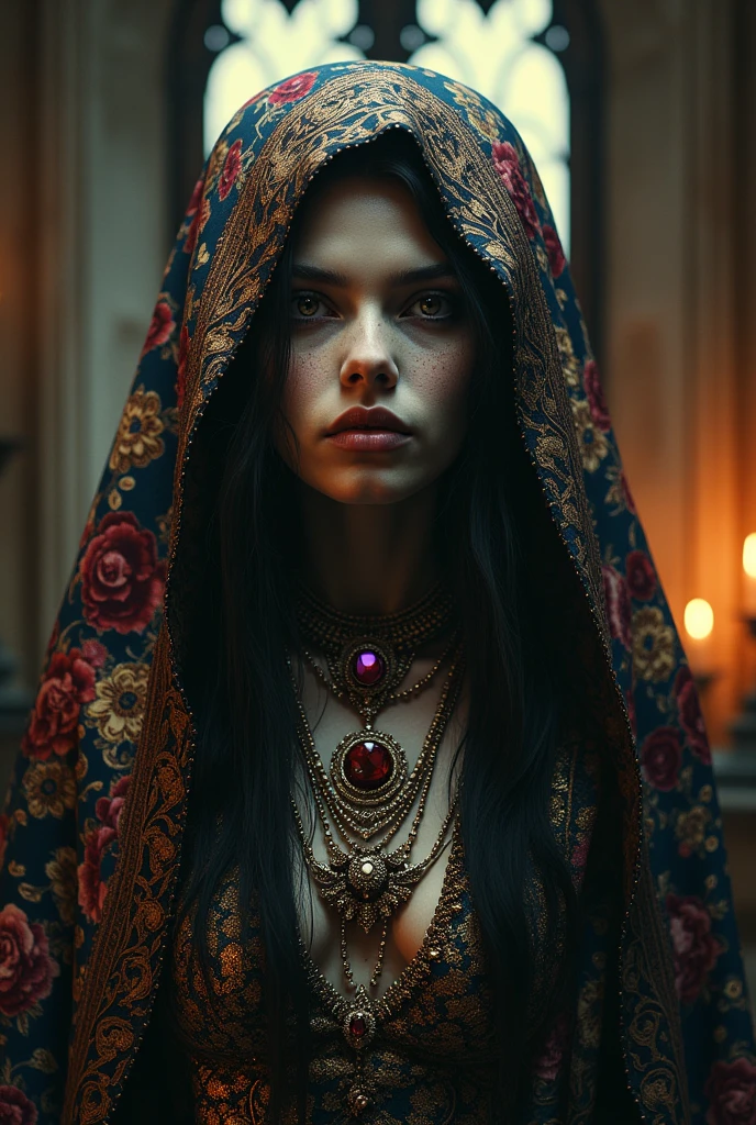 portrait evil creature in ornate silk head scarf clothing. Wearing many jeweled necklaces ,highly detailed::3 ,the lonely void of avoidant personality disorder, surreal, eerie, anti human, haunting, evocative, hyper detailed digital illustration by Hieronymus Bosch,insane detail,johfar bosschart, remedies varo, perfect exact rendering with precision, jewel tones palate , de castillo gótico, ambientación pelicula ,la bella y la Bestia, Iluminacion con velas, ventanal gótico con iluminacion a contraluz. muy ornamentado, estilo gótico tardío