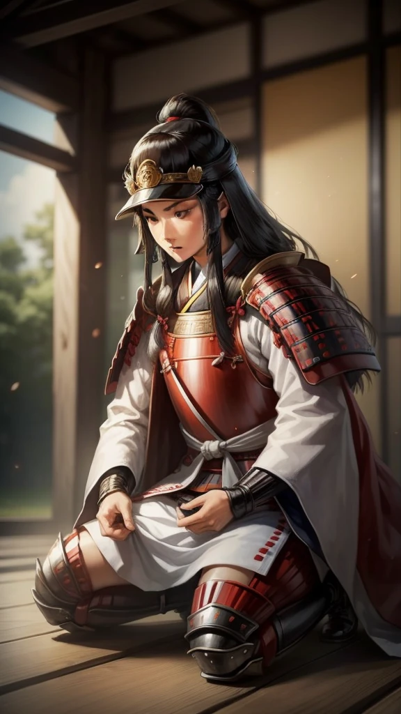 「Battlefields of the Warring States Period、wood々Oda Nobunaga relieving himself in the。Nobunaga was wearing light armor.、She is kneeling and looking relaxed。In the background, the sounds of battle can be heard in the distance.、草woodに囲まれた自然の風景。」