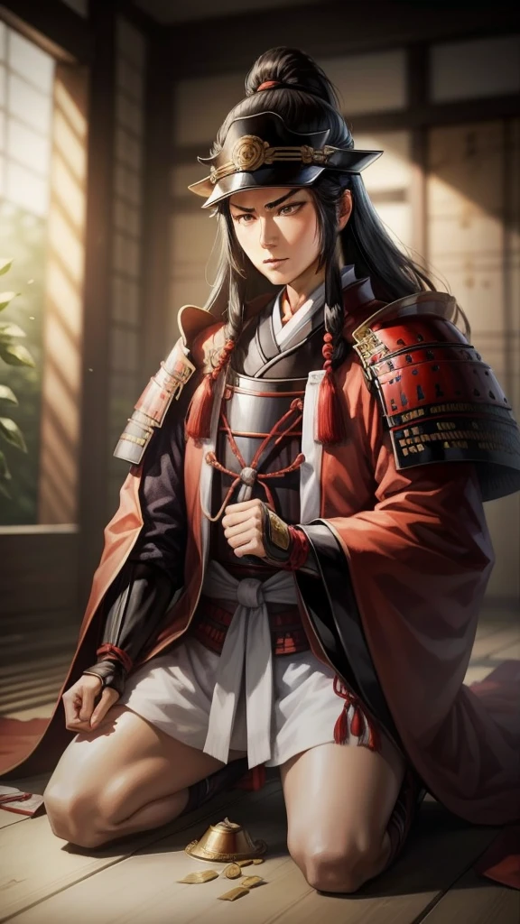 「Battlefields of the Warring States Period、wood々Oda Nobunaga relieving himself in the。Nobunaga was wearing light armor.、She is kneeling and looking relaxed。In the background, the sounds of battle can be heard in the distance.、草woodに囲まれた自然の風景。」