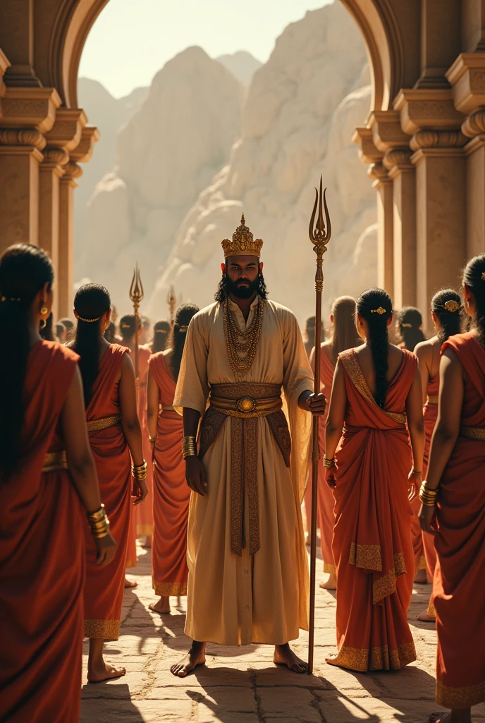 Background : Indus Valley civilization
1 man standing in the centre of the crowd having a goden crown,along with priests.
5 Men having warm ivory skin tone holding tridents.
5 beautiful women wearing high quality sarees..
Landscape Image Ratio : 9:16