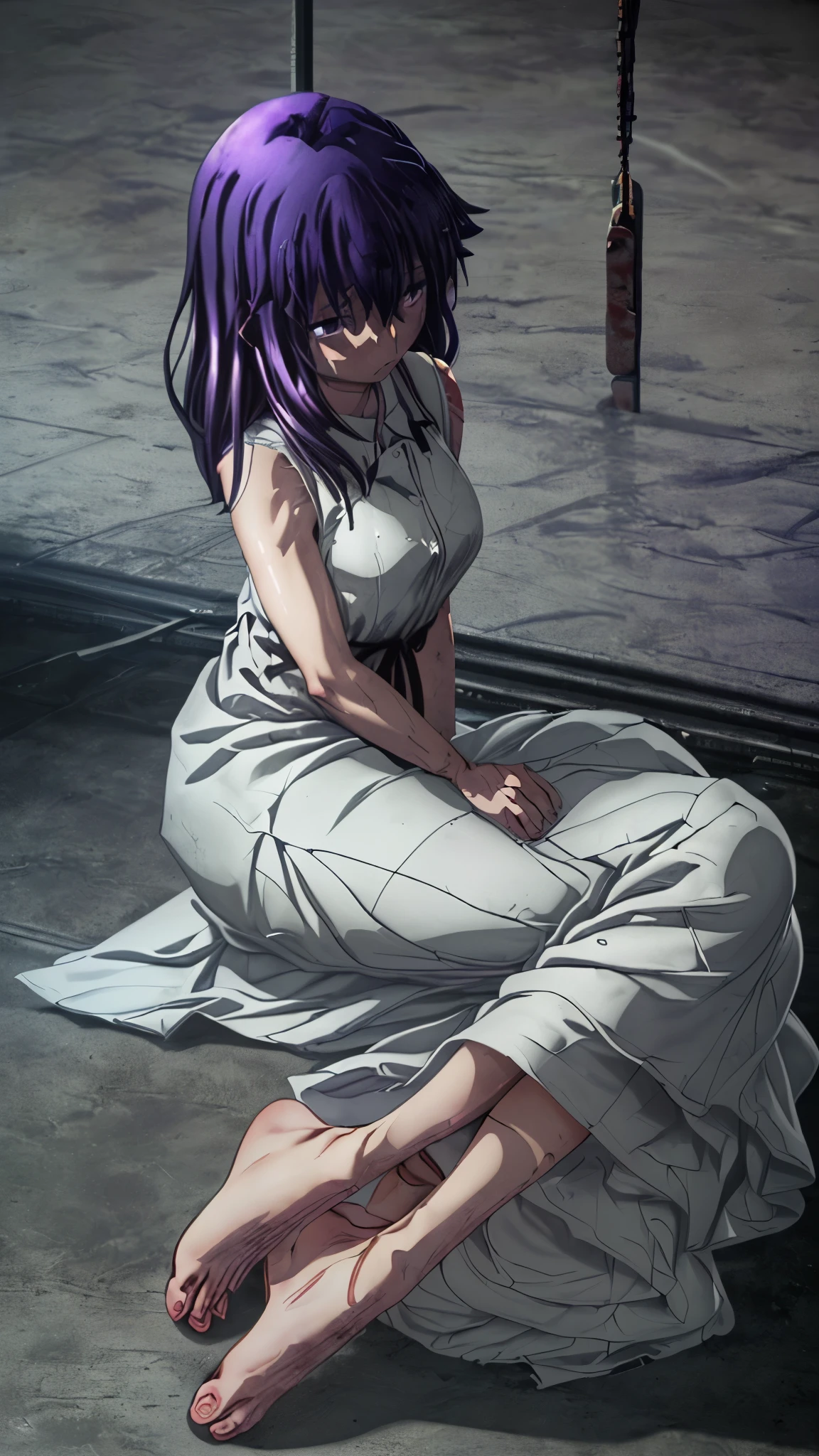 Sakura matou, with loose purple hair, purple eyes, (((wearing a short, sleeveless, buttoned orange prison dress))), (((inside a dirty punishment cell of a maximum security prison, surrounded with bars, empty and with an unpaved floor)))), ((sitting in the middle of the punishment cell of the maximum security prison with his hands behind his head and his legs in front showing the soles of his feet)), (full body), (barefoot), (beautiful feet), dusk, low light, gloomy atmosphere, with an emotional state of worry