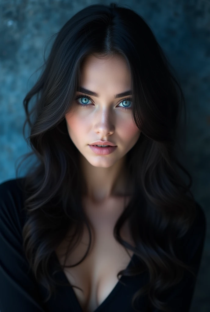 (Masterpiece) (Highly detailed) beautiful woman rusian a beautiful girl with dark hair, blue eyes, long wavy black hair, Let your blue eyes be what stands out the most, dark blue haze, de fondo azul oscuro, 8K HD, real photography
