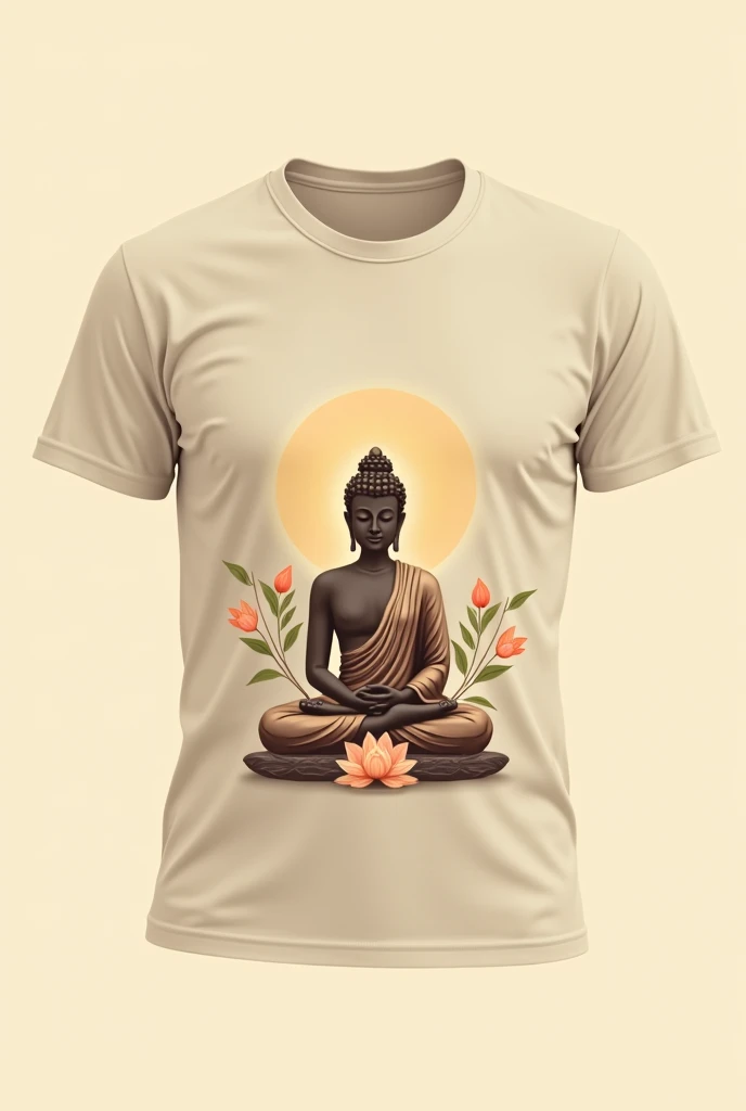 "A simple yet elegant T-shirt design inspired by Buddhist themes. The T-shirt features a serene Buddha image centered on the chest, with lotus flowers subtly integrated into the design. The color palette is earthy, with shades of beige, brown, and soft gold. The T-shirt has a minimalist style, with clean lines and a calm, peaceful aura. The background should be plain, highlighting the spiritual and meditative nature of the design.