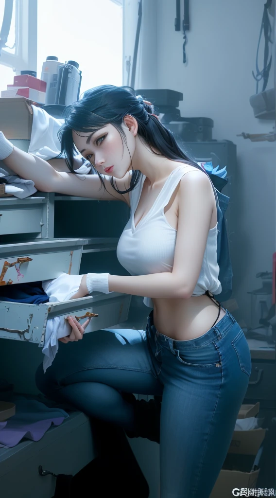 Leggy woman in white top and blue jeans putting things into drawer, (SFW) Work, Touch her clothes, Work clothes, Work clothes, Popular on cgstation, Girl holding warship parts, Popular on cgstation content, Smooth white tights set, lu ji, V-neck dress, Home, Sakimichan, Sexy Girls