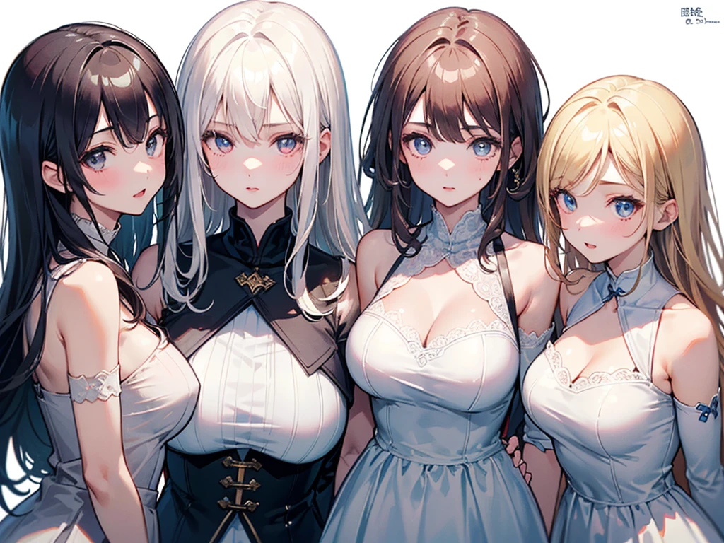 (((((3 girls:1.3)))))、(((forehead、3 girls:1.3、white blond hair:1.3、cowboy shot:1.3、A calm face、long hair、Northern Europe、White、beautiful girl、White Blonde、Blonde、White background、Off-the-shoulder dress:1.3、、cute、Young、True Face、Shiny Hair、whole body)))、table top, highest quality, figure, super detailed, finely, High resolution, 8k wallpaper, Perfect dynamic composition, detailed and beautiful eyes, Deco out,bionde, breasts, Natural color lip,white background, random cute poses,
