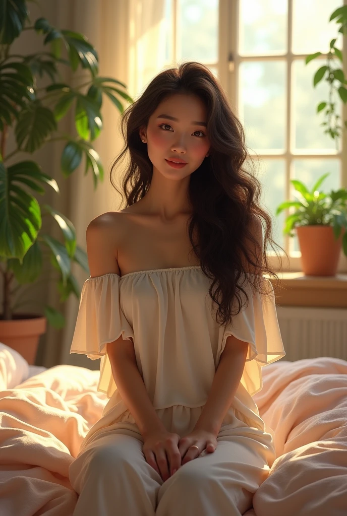 (photorealism:1.2), beautiful woman, sitting on bed, wearing loose off-shoulder top, pajama pants, long curly hair, indoors, soft lighting, plants in background, window with sunlight, cozy room, relaxed pose, realistic, intricate details, warm colors, by Greg Rutkowski, by Alphonse Mucha, asian
