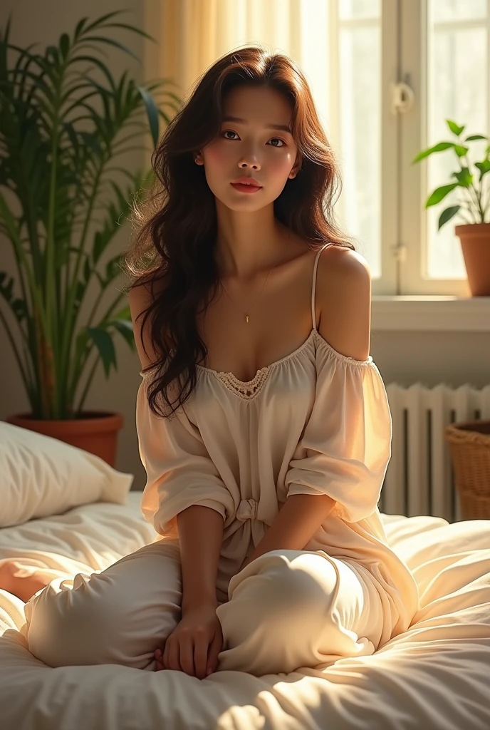 (photorealism:1.2), beautiful woman, sitting on bed, wearing loose off-shoulder top, pajama pants, long curly hair, indoors, soft lighting, plants in background, window with sunlight, cozy room, relaxed pose, realistic, intricate details, warm colors, by Greg Rutkowski, by Alphonse Mucha, asian
