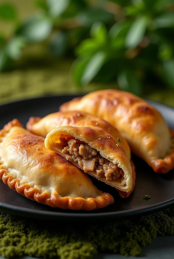 Advertising image of meat and chicken empanadas on a black plate with a moss green background