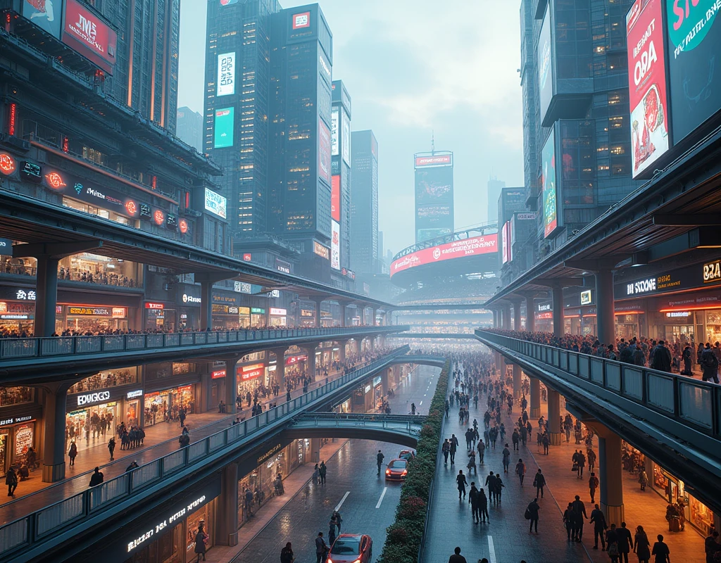 a highly detailed, futuristic city, a massive shopping mall, commercial buildings, entertainment facilities, a baseball stadium, ultra-realistic, 8k, hyper detailed, photorealistic, dramatic lighting, cinematic composition, vibrant colors, intricate architecture, neon lights, busy atmosphere, advanced technology, glass and metal structures, transportation hub, crowds of people, dynamic scene