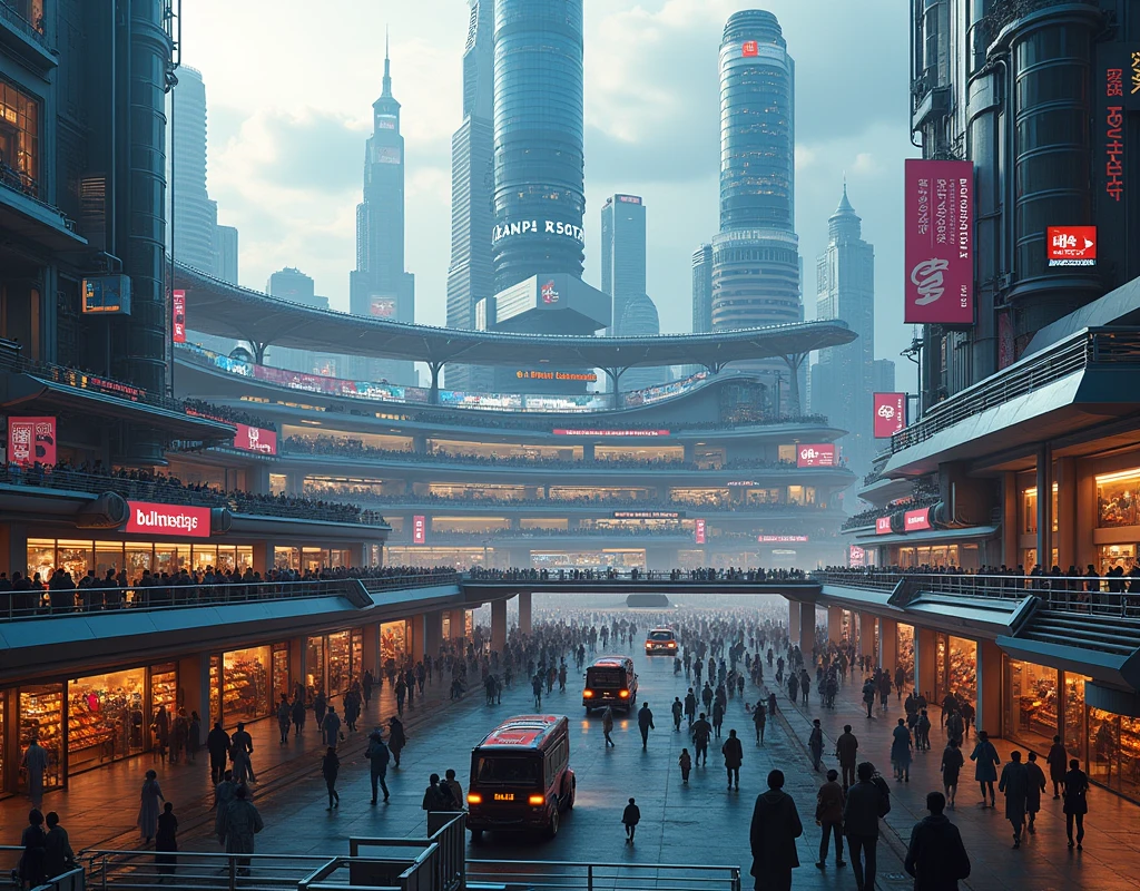 a highly detailed, futuristic city, a massive shopping mall, commercial buildings, entertainment facilities, a baseball stadium, ultra-realistic, 8k, hyper detailed, photorealistic, dramatic lighting, cinematic composition, vibrant colors, intricate architecture, neon lights, busy atmosphere, advanced technology, glass and metal structures, transportation hub, crowds of people, dynamic scene