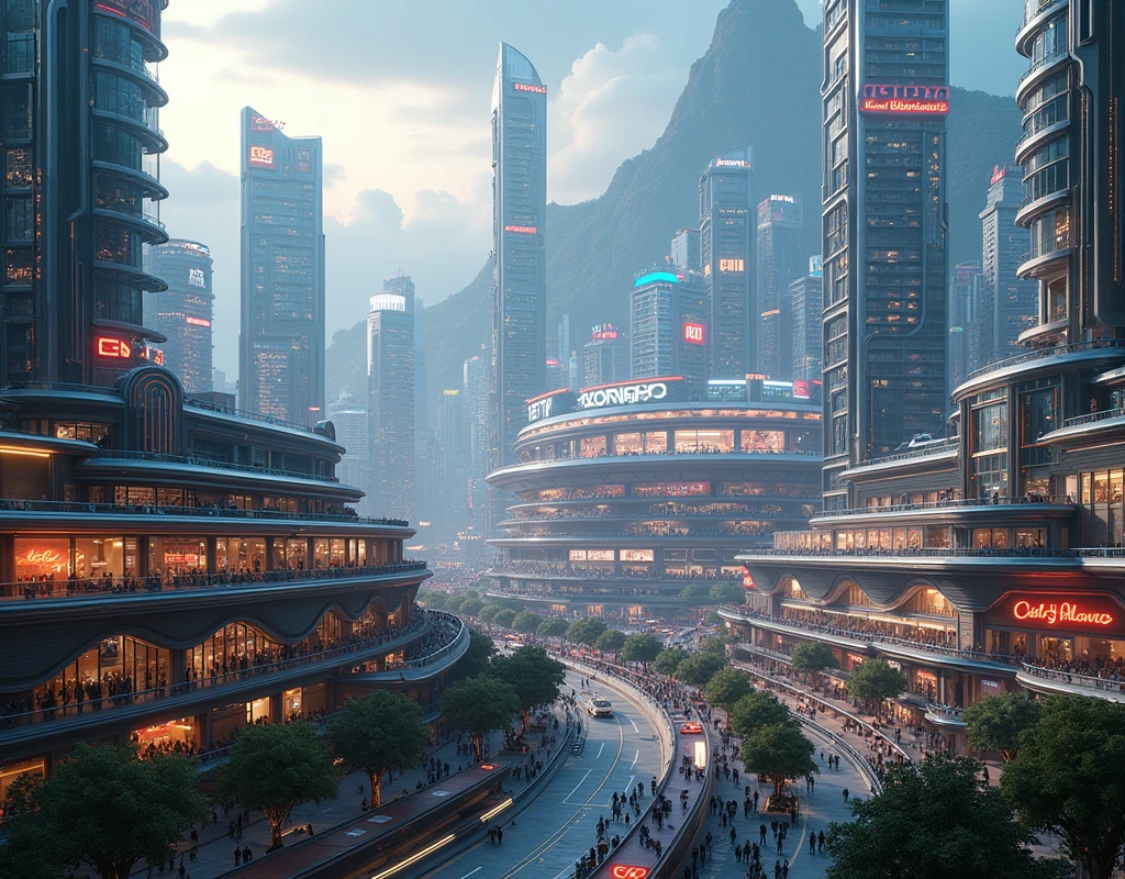 a highly detailed, futuristic city, a massive shopping mall, commercial buildings, entertainment facilities, a baseball stadium, ultra-realistic, 8k, hyper detailed, photorealistic, dramatic lighting, cinematic composition, vibrant colors, intricate architecture, neon lights, busy atmosphere, advanced technology, glass and metal structures, transportation hub, crowds of people, dynamic scene