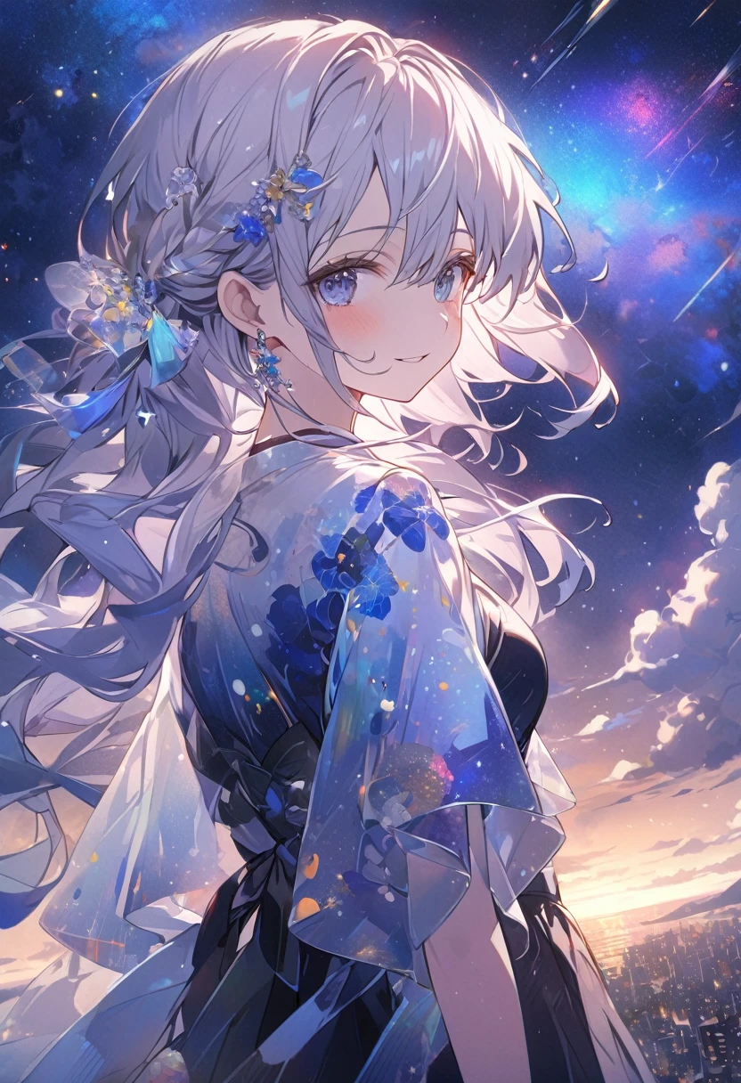 Angelic, detailed woman, midnight, nebula, after the rain, starry night, horizon, in the sky, city , colorful, high-res, 8K