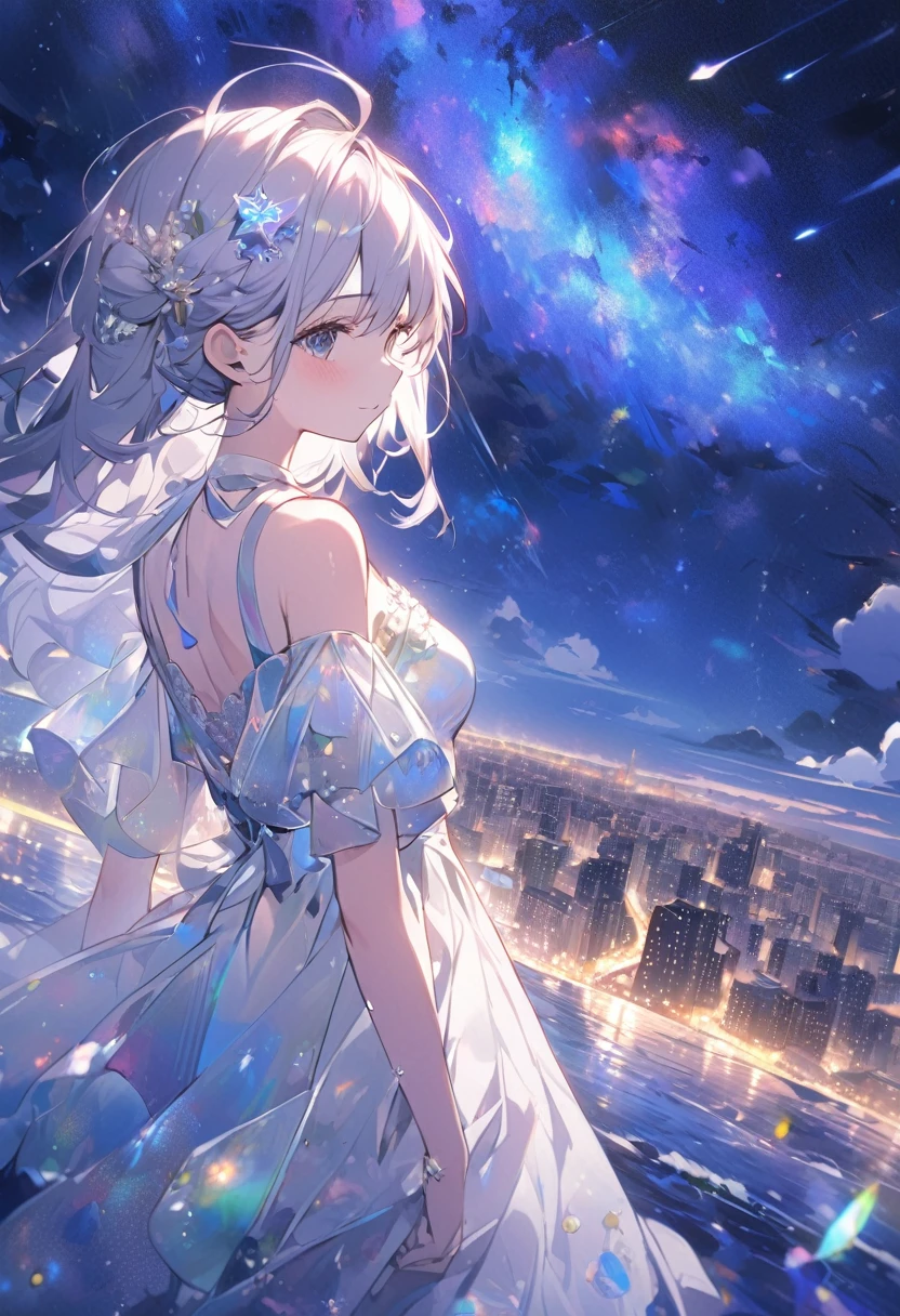 Angelic, detailed woman, midnight, nebula, after the rain, starry night, horizon, in the sky, city , colorful, high-res, 8K