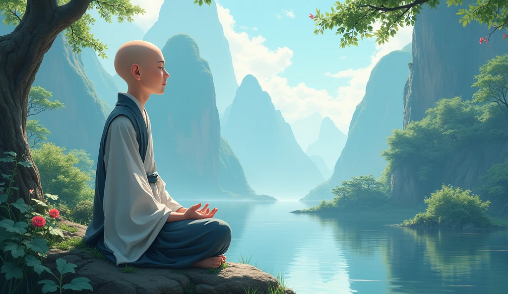 Chinese old bald young desciple thinking, sitting, happy, beautiful scenario, surrounded by mountains, trees, in anime style, relax,