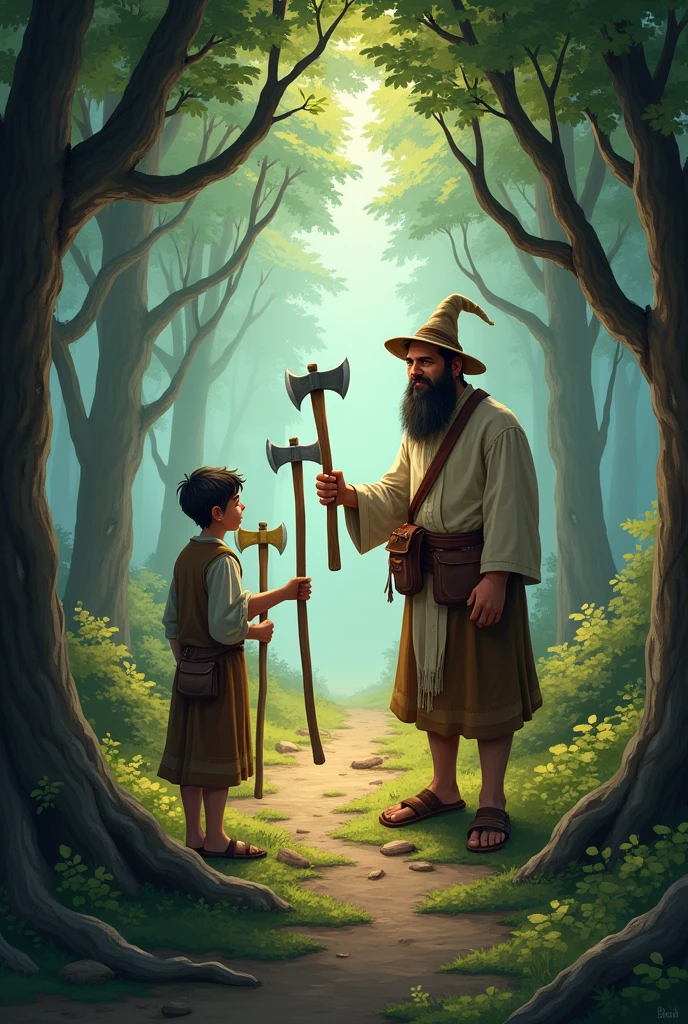 "Finally, the spirit pulled out the woodcutter’s humble iron axe. The woodcutter smiled and said, ‘Yes, this one is mine.’ Pleased with his honesty, the spirit rewarded him with not just his iron axe, but also the golden and silver ones."