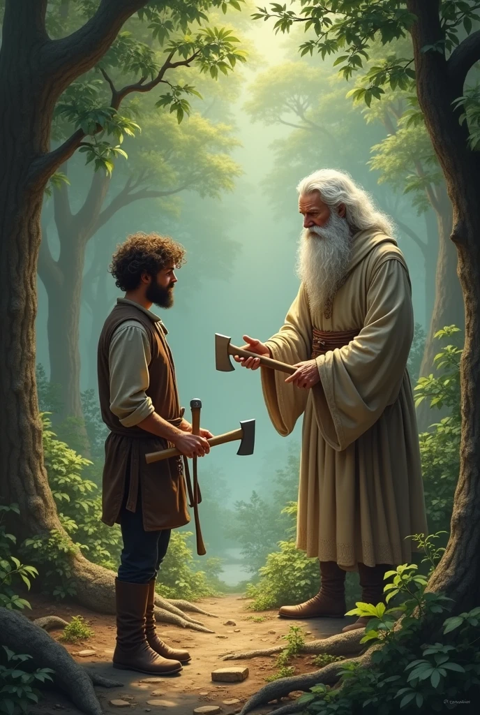 "Finally, the spirit pulled out the woodcutter’s humble iron axe. The woodcutter smiled and said, ‘Yes, this one is mine.’ Pleased with his honesty, the spirit rewarded him with not just his iron axe, but also the golden and silver ones."