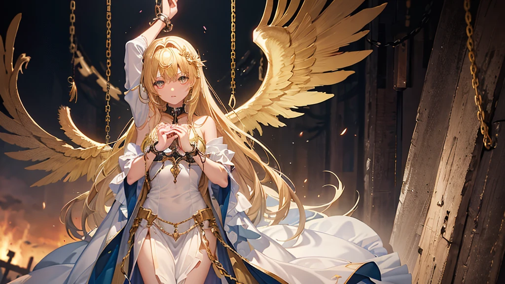 (最high quality、High resolution、Textured skin、high quality、Caution about scars、Precise CG unification、gameCG)、(One person)、Angel、Both hands are chained、Crucified in chains、Are standing