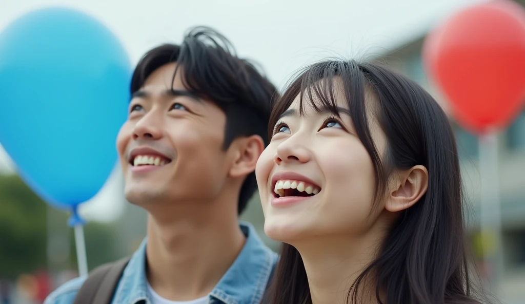 Casually dressed Japanese male and female college students are looking into the distance with cheerful expressions in a square,Excited, Photo of your face, Blue and red balloons floating in the background, with a natural look, With a slightly tired look, tilt your face a little, Diagonal orientation, Average face