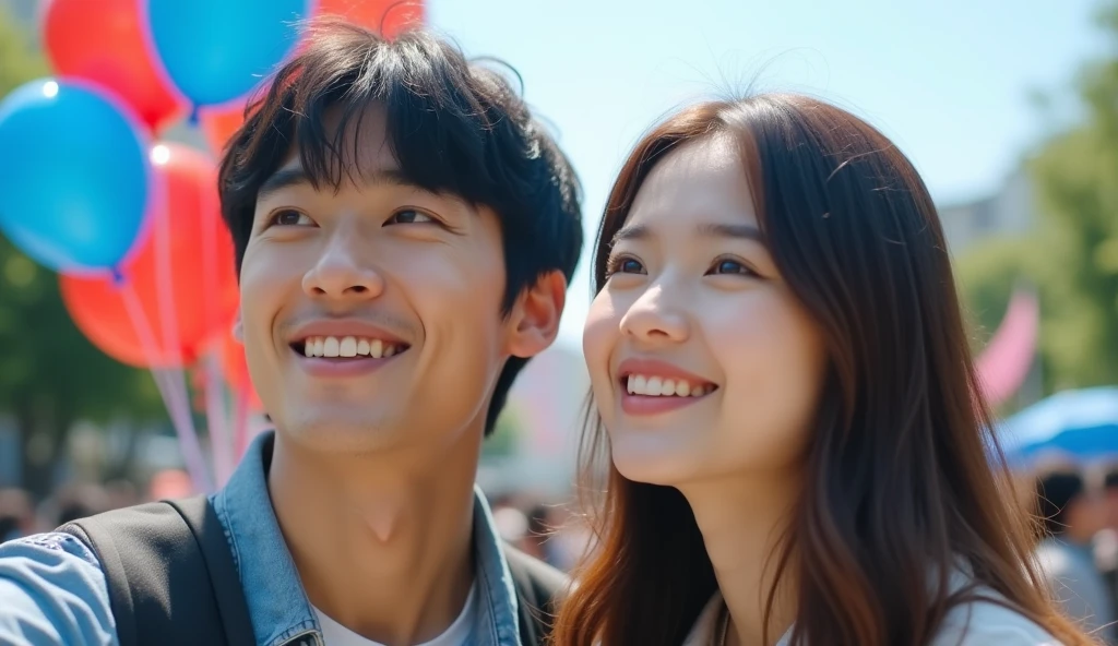 Casually dressed Japanese male and female college students are looking into the distance with cheerful expressions in a square,Excited, Photo of your face, Blue and red balloons floating in the background, with a natural look, With a slightly tired look, tilt your face a little, Diagonal orientation, Average face