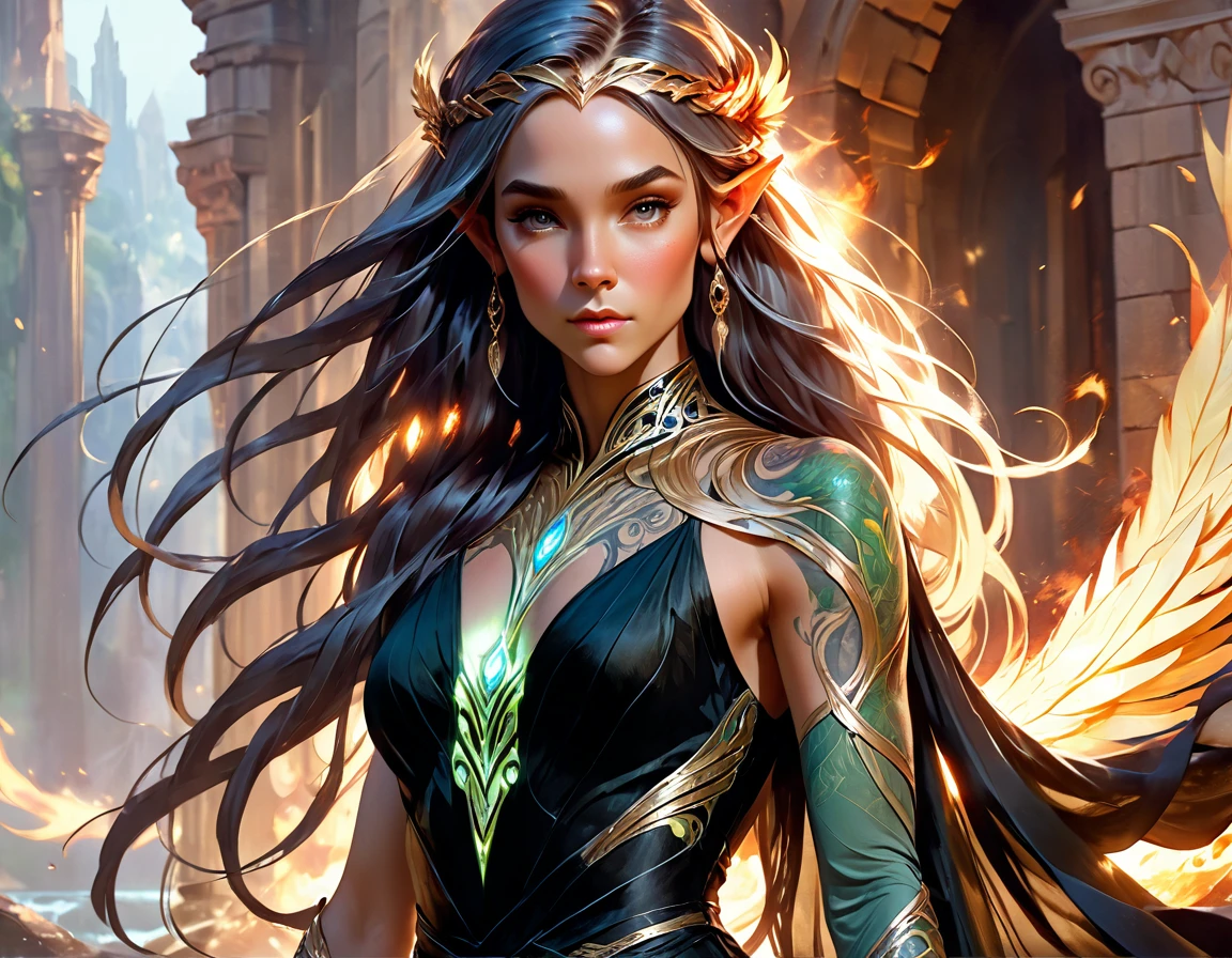 watercolor art, fantasy art, goth art, a picture of a tattoo on the back of a female elf, a glowing tattoo of a ((phoenix: 1.5)) on the elf's back, the ((phoenix tattoo)) is vivid, intricate detailed coming to life from the ink to real life, ((fire surrounds the phoenix: 1.5)), shoot taken from the back, ((the back is visible: 1.3), a most beautiful elf, exquisite beauty, small pointed ears, long hair, she wears a transparent black dress, the dress is elegant, flowing, elven style, that the tattoos glow, dynamic hair color, dynamic hair style, rpg portrait
