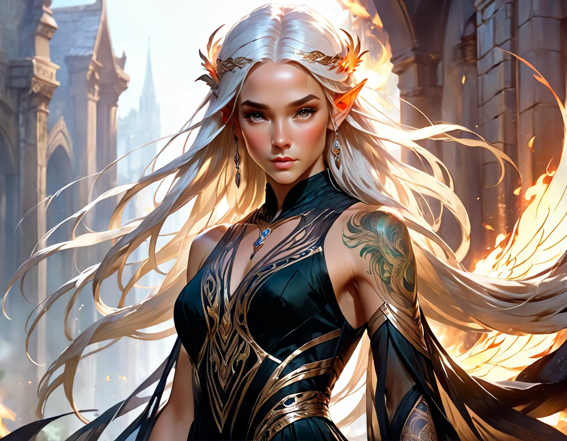 watercolor art, fantasy art, goth art, a picture of a tattoo on the back of a female elf, a glowing tattoo of a ((phoenix: 1.5)) on the elf's back, the ((phoenix tattoo)) is vivid, intricate detailed coming to life from the ink to real life, ((fire surrounds the phoenix: 1.5)), shoot taken from the back, ((the back is visible: 1.3), a most beautiful elf, exquisite beauty, small pointed ears, long hair, she wears a transparent black dress, the dress is elegant, flowing, elven style, that the tattoos glow, dynamic hair color, dynamic hair style, rpg portrait