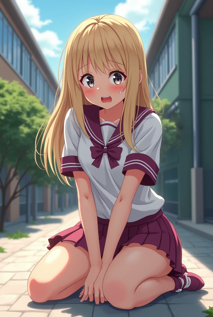 blonde girl, school uniform, school blouse, short school skirt, panicked, sat on floor, sat on floor, skirt flying up accidentally showing cute pink briefs panties, skirt flying up accidentally showing cute pink briefs panties, desperate to pee, desperate to pee, crying outside school toilet, desperate to pee