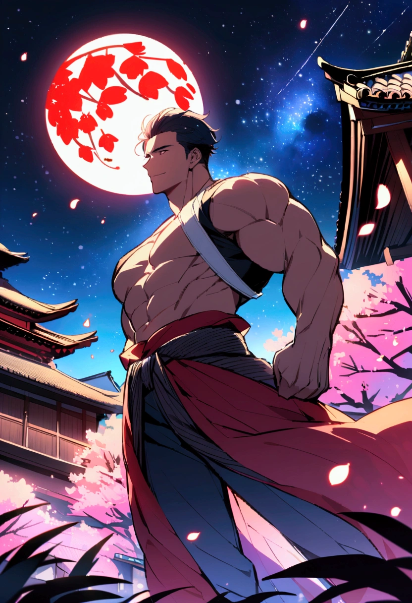 Highest quality、Four muscular men with short hair are enjoying a cherry blossom viewing party、starry skies、full moon、A fun atmosphere