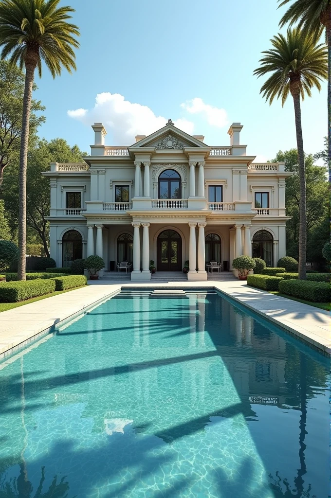 A big mansion with a pool in front , realistic 