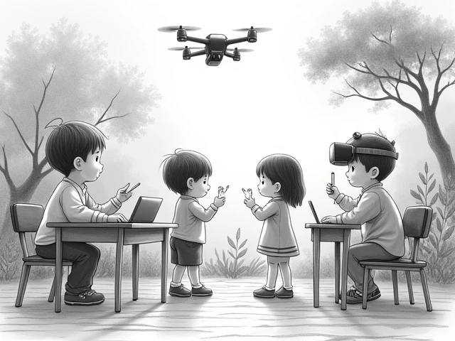 Korean Kid, Boy 1, Girl 2, laptop, self-driving car, One person is flying a drone, One person is doing VR, Natural and Difficult Classroom Background, Pencil sketch