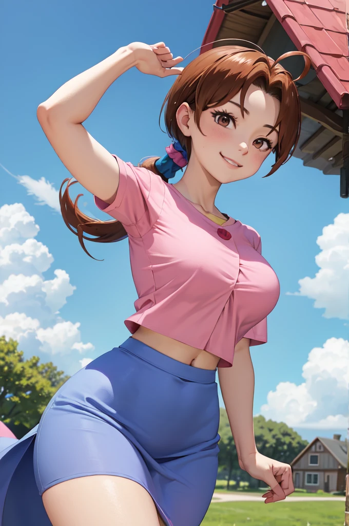 masterpiece, best quality, pkmnDelia, ponytail, pink shirt, blue skirt, smile, upper body, large breasts, house, blue sky, clouds, lawn, looking at viewer,ponytail, pink shirt, blue skirt,full body,wide hips