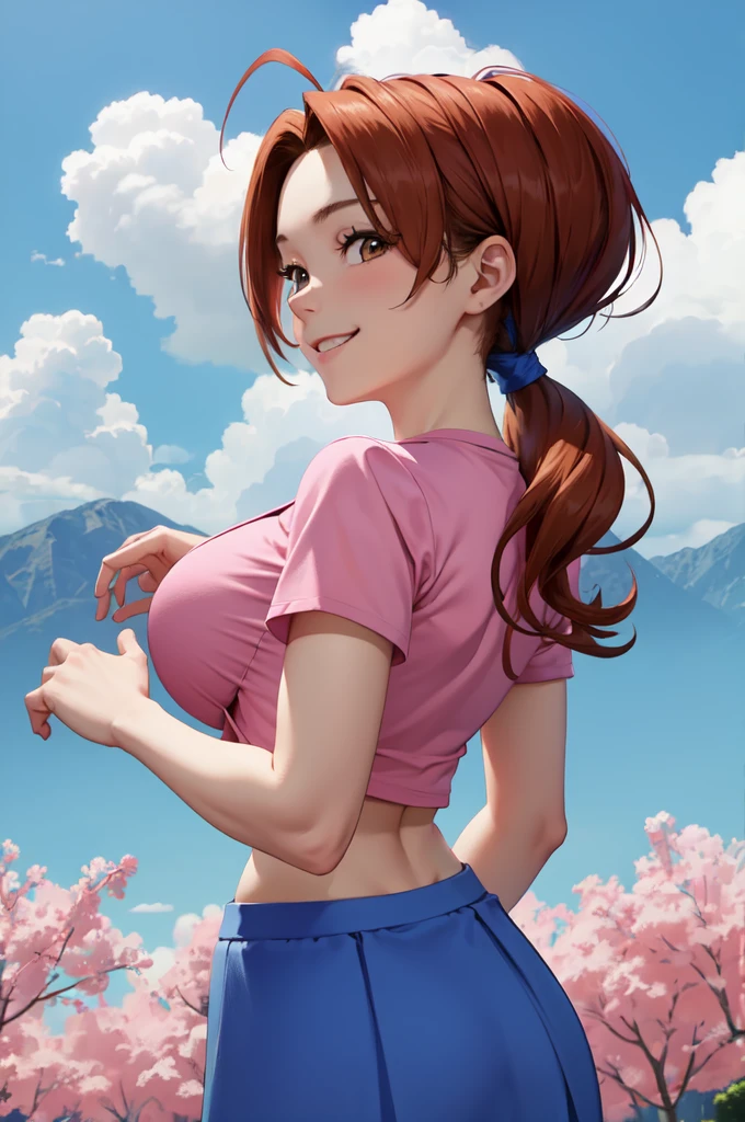 masterpiece, best quality, pkmnDelia, ponytail, pink shirt, blue skirt, smile, upper body, large breasts, house, blue sky, clouds, lawn, looking at viewer,ponytail, pink shirt, blue skirt,full body,wide hips